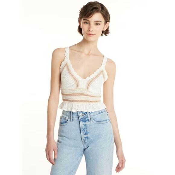 Madden Ivory Beige Crochet Ruffle Hem Knit Cropped Tank Top SZ M - Picture 1 of 9